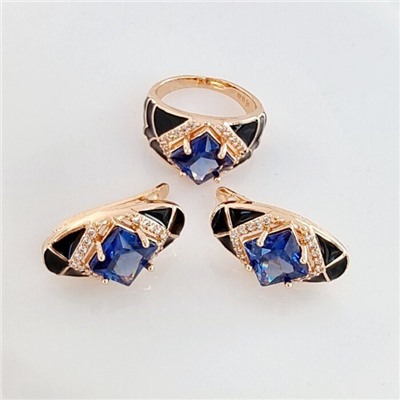 Комплект ювелирной бижутерии Дубайское золото серьги и кольцо, покрытие позолота, вставка: эмаль и фианиты, цвет: черный и синий, р-р 20, арт.314.458-20