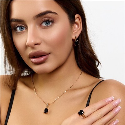 Комплект ювелирной бижутерии коллекция "Дубай" серьги, кулон и кольцо 19 р, покрытие позолота, вставка: стекло, цвет: черный, арт.414.317-19