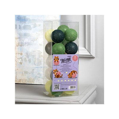 Гирлянда «Нить» 5 м с насадками «Клубки бело-зелёные», IP20, прозрачная нить, 20 LED, свечение тёплое белое, 220 В