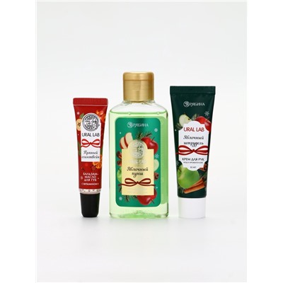 Подарочный набор новогодний: гель для душа, крем для рук и бальзам для губ, аромат яблоко, URAL LAB