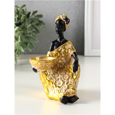 Фигурка - подсвечник на 1 свечу «Африканка в золотом платье с цветами», полистоун, d=4.5 см, 10.5×12×16 см