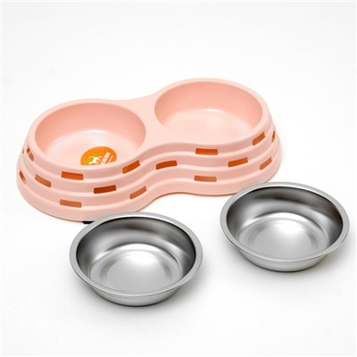 Миска двойная, 2×160 мл, 25×14×5 см, на пластиковом основании, металл, розовая