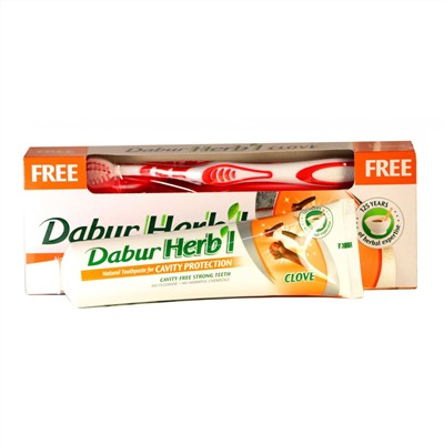 Dabur Herb'l Toothpaste Clove with Toothbrush / Дабур Зубная Паста Защита Полости Рта с Гвоздикой + Зубная Щётка Ср. Жесткости 150 г