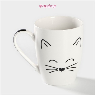 Кружка Доляна «Белый кот», 350 мл, фарфор, белая