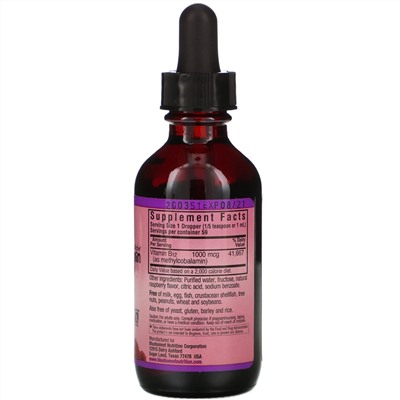 Bluebonnet Nutrition, CelluarActive, жидкий метилкобаламин, витамин B12, со вкусом малины, 1000 мкг, 59 мл (2 жидк. унции)