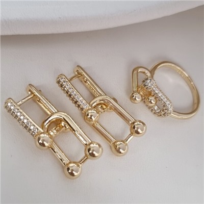 Комплект ювелирной бижутерии Итальянское золото (покрытие желтое 14к), серьги и кольцо 17 р, вставка: фианиты, цвет: прозрачный, арт.213.948-17