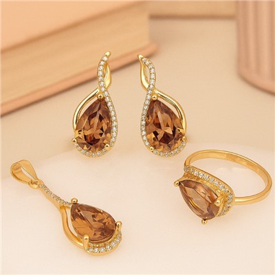 Комплект ювелирной бижутерии коллекция "Дубай" серьги, кулон и кольцо 19 р, покрытие позолота,  вставка: фианиты и цирконы, цвет: шампань и прозрачный, арт.217.363-19