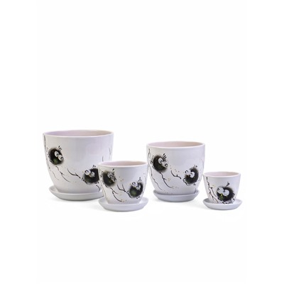 Горшок для цветов «Птички», керамика, с поддоном, набор 4 шт.: 400 мл, 1 л, 2.5 л, 5 л