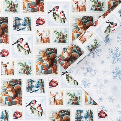 Упаковочная бумага на новый год, двухсторонняя крафтовая «Новогодние марки», 70×100 см