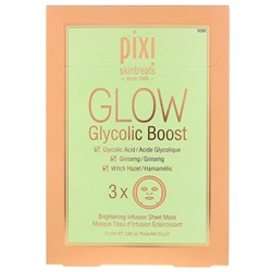 Pixi Beauty, Skintreats, Glow Glycolic Boost, осветляющая тканевая маска для лица с гликолевой кислотой, 3 шт., по 23 г (0,80 унции) каждая