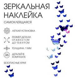 Зеркало настенное «Бабочки», на клеевой основе, акриловое, 36 шт., синее