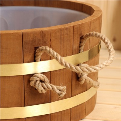 Шайка - таз для бани и сауны, 10 л, деревянная, пластиковая вставка, ручки - верёвки, с термообработкой, «Добропаровъ»