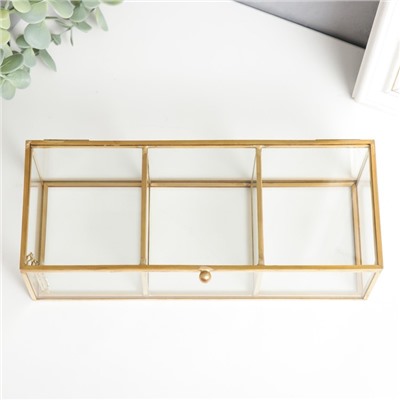 Шкатулка для украшений «3 деления», стекло, с металлическим каркасом, золото, 7×9×23 см