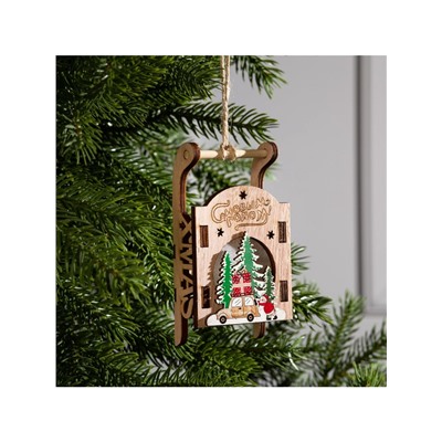 Ёлочная игрушка «Сани с Дедом Морозом и машиной», от батареек LR41×3, свечение RGB