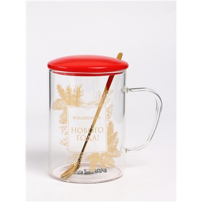 Кружка новогодняя с ложкой и крышкой «Волшебного нового года», 470 мл