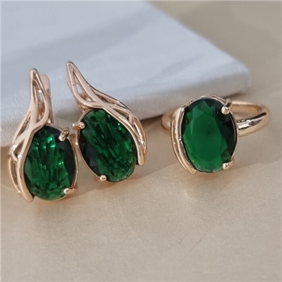 Комплект ювелирной бижутерии коллекция "Дубай" серьги и кольцо 18 р, покрытие позолота, вставка: стекло, цвет: изумрудный, арт.414.336-18