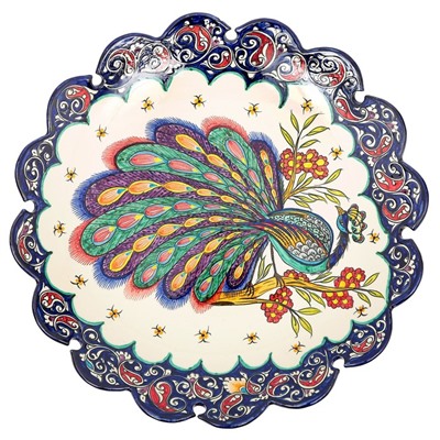 Ляган узбекский Риштанская Керамика «Жар птица», d=42 см, рифлёный, синий