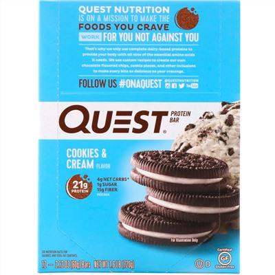 Quest Nutrition, Протеиновый батончик, печенье и сливки, 12 батончиков, 2,12 унции (60 г) каждый