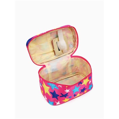 Косметичка-сундучок на молнии, на подкладке, с ручкой, зеркалом, с рисунком, розовая