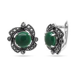 Серьги из серебра зеленый агат, марказит, SL-AGA66