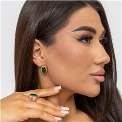 Комплект ювелирной бижутерии коллекция "Дубай" серьги и кольцо, покрытие: позолота, вставка: камень, цвет: зеленый, р-р 17,5, 7602, арт.216.369-17,5