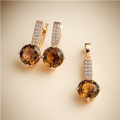 Комплект ювелирной бижутерии коллекция "Дубай" серьги и кулон, покрытие позолота, вставка: фианиты и цирконы, цвет: коричневый и прозрачный, арт.414.008