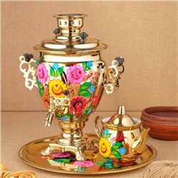 Набор посуды «Цветы на золотом», 3 предмета: самовар 3 л, заварочный чайник 0.7 л, поднос