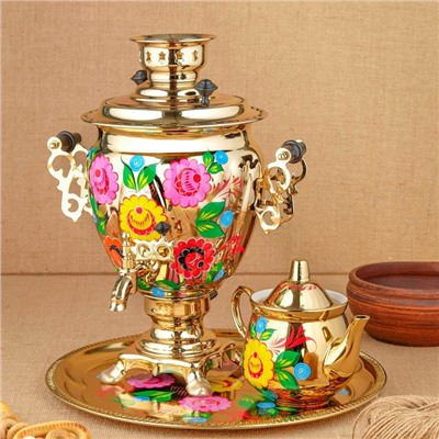 Набор посуды «Цветы на золотом», 3 предмета: самовар 3 л, заварочный чайник 0.7 л, поднос