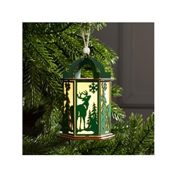 Ёлочная игрушка «Зелёный фонарь с оленем», 13×9×9 см, от батареек, свечение тёплое белое