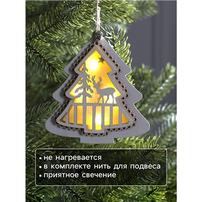 Ёлочная игрушка «Ёлочка с оленем», 10×10×2 см, 4 LED, от батареек, свечение тёплое белое
