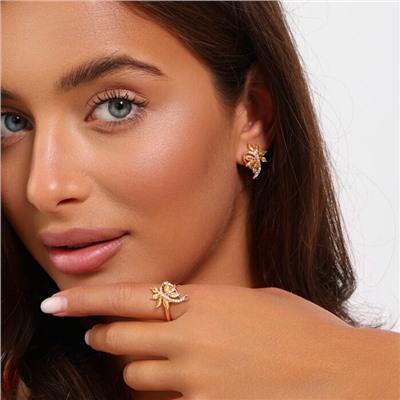 Комплект ювелирной бижутерии коллекция "Дубай" серьги и кольцо 16 р, покрытие позолота, вставка: фианиты, цвет: желтый и прозрачный, арт.215.485-16