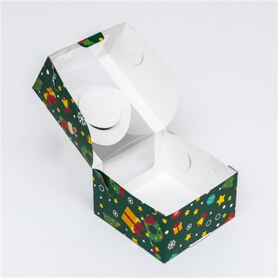 Коробка под бенто - торт с окном «Новогодняя изумрудная», 14×14×8 см