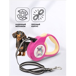 Рулетка «Пижон» с прорезиненной ручкой, 3 м, до 15 кг, трос, розово-жёлтая