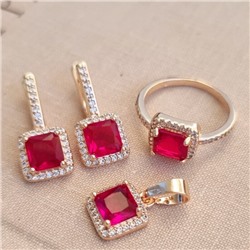 Комплект ювелирной бижутерии Дубайское золото, серьги, кулон и кольцо 20 р, покрытие позолота, цвет: красный, арт. 213.076-20