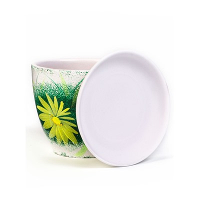 Горшок цветочный «Гербера», керамический, с поддоном, 1 л, белый с зелёным рисунком