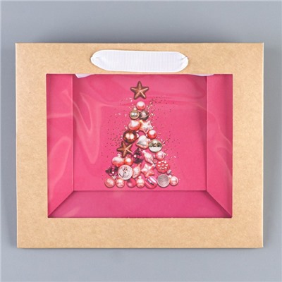 Пакет подарочный новогодний крафтовый с пластиковым окном «С Новым годом», 24×20×11 см