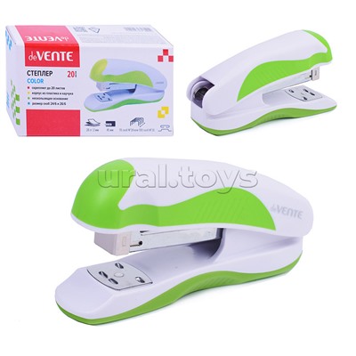 Степлер "Color" (мощность 20 листов, глубина скрепления 45 мм) пластиковый с каучуковой вставкой, в картонной коробке, ассорти