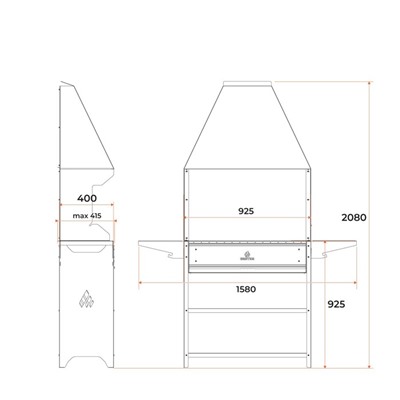 Мангал Professional Optima Zont POZ 3000, 158.2×41.2×207.9 см, 3 мм, с крышей, боковые полки