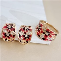 Комплект ювелирной бижутерии коллекция "Дубай" серьги и кольцо 19 р, покрытие позолота, вставка: цирконы и эмаль, цвет: прозрачный и красный, арт.313.469-19