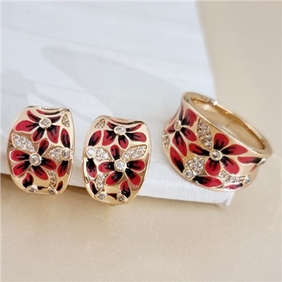 Комплект ювелирной бижутерии коллекция "Дубай" серьги и кольцо 19 р, покрытие позолота, вставка: цирконы и эмаль, цвет: прозрачный и красный, арт.313.469-19