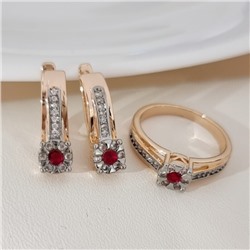 Комплект ювелирной бижутерии коллекция "Дубай" серьги и кольцо 18 р, покрытие позолота, вставка: фианиты и цирконы, цвет: красный и прозрачный, арт.215.690-18