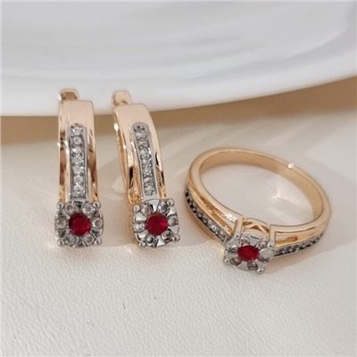 Комплект ювелирной бижутерии коллекция "Дубай" серьги и кольцо 18 р, покрытие позолота, вставка: фианиты и цирконы, цвет: красный и прозрачный, арт.215.690-18