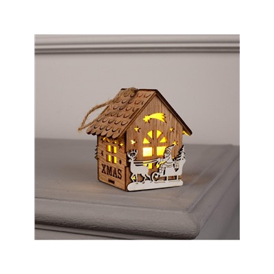 Ёлочная игрушка «Домик с Дедом Морозом на санках», 8×7×5.5 см, от батареек, свечение тёплое белое