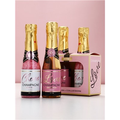 Подарочный набор Love Champagne, гель для душа и соль для ванны во флаконах шампанское, Чистое Счастье