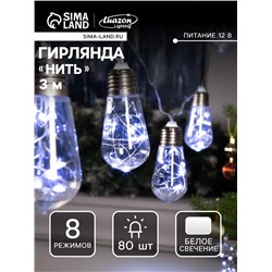 Гирлянда «Нить» 3 м с насадками «Лампа», IP20, прозрачная нить, 80 LED, свечение белое, 8 режимов, 220 В