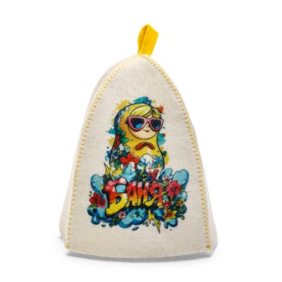 Шапка для бани и сауны «Матрешка в очках», полиэфир, шерсть, белая