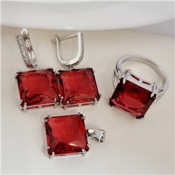Комплект ювелирной бижутерии серьги, кулон и кольцо 18 р, покрытие посеребрение, вставка: фианит, цвет: красный, арт.313.148-18