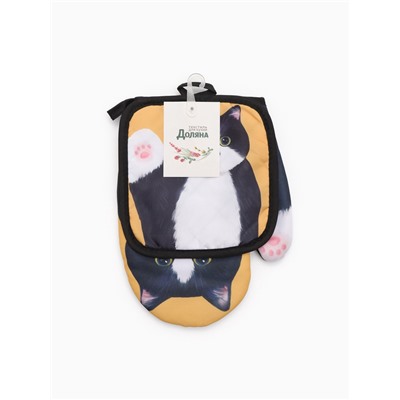 Кухонный набор «Доляна. Котик Борис», чёрный: прихватка, варежка-прихватка