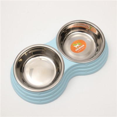 Миска двойная, 25×14×5 см, на пластиковом основании, металл, голубая