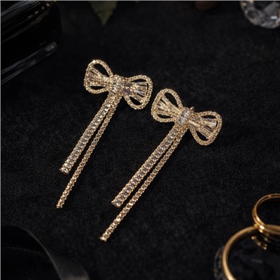 Серьги бантики бижутерия висячие вечерние с камнями, цвет: золотистый и прозрачный, арт.012.072